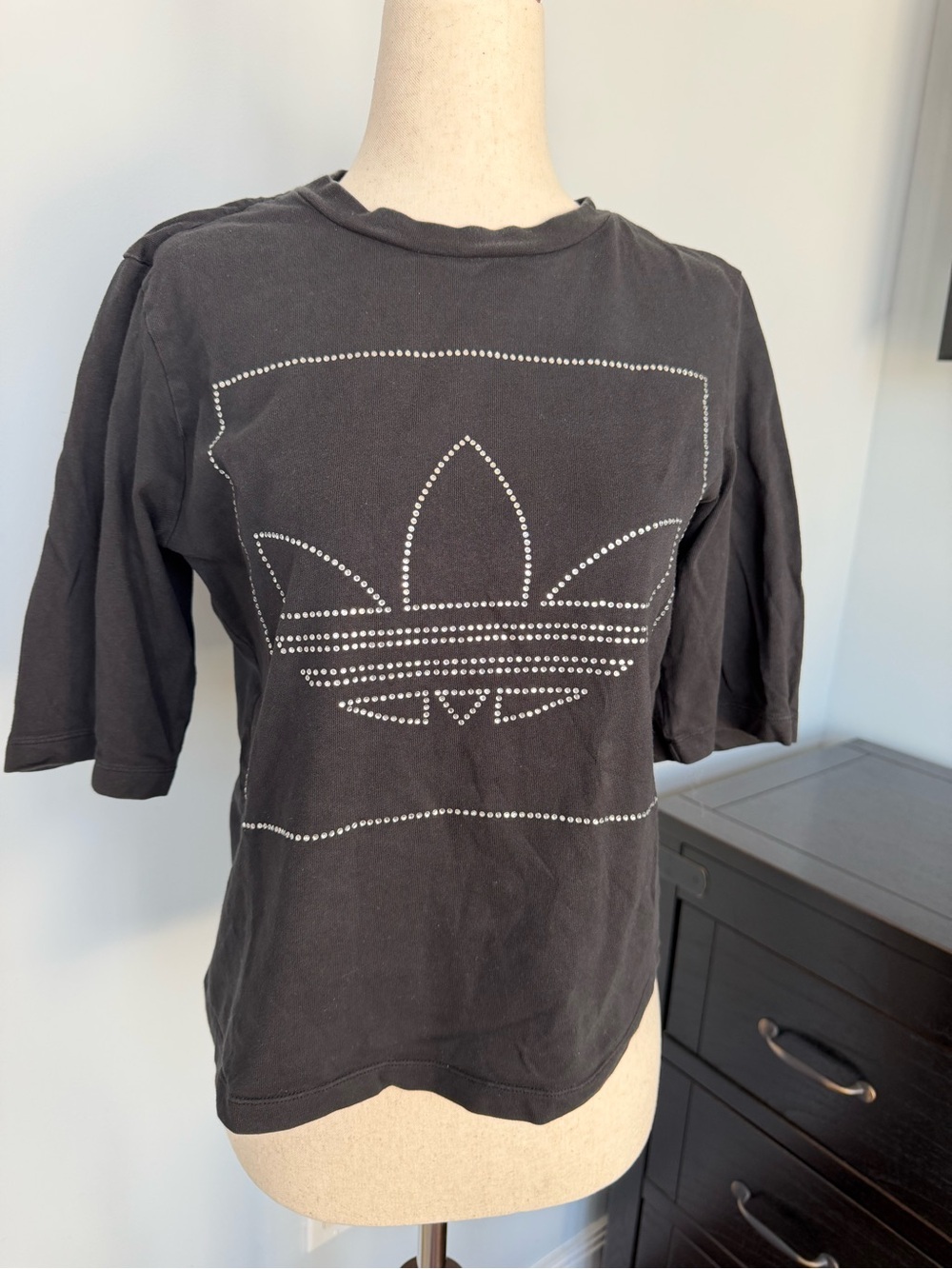 adidas Black Rhinestone Trefoil 3/4 length Sleeve Tee